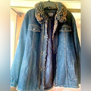 novelti for LINDOR Womens Denim Jean Jacket Size large With Black Brown Faux Fur